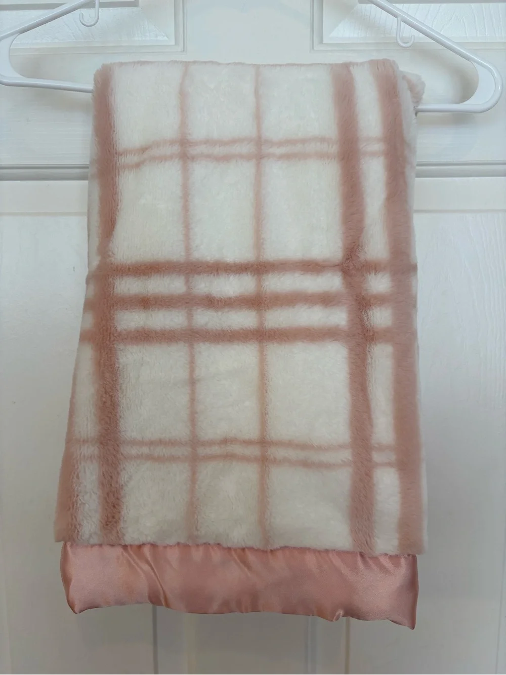 RARE HTF Just Born Pink White Plaid Faux Fur Satin Trim Edge Baby Blanket
